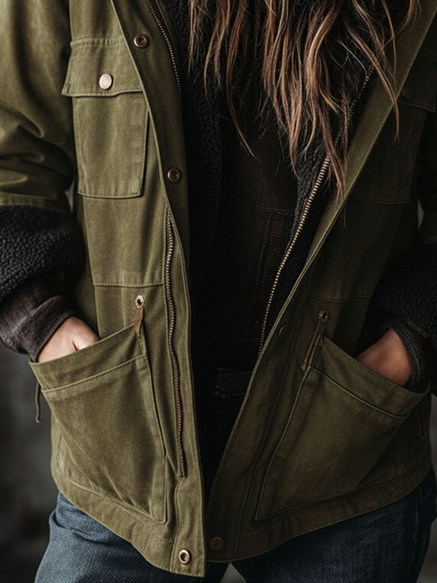 Army Green Microsuede Fleece-Lined Hooded Utility Jacket