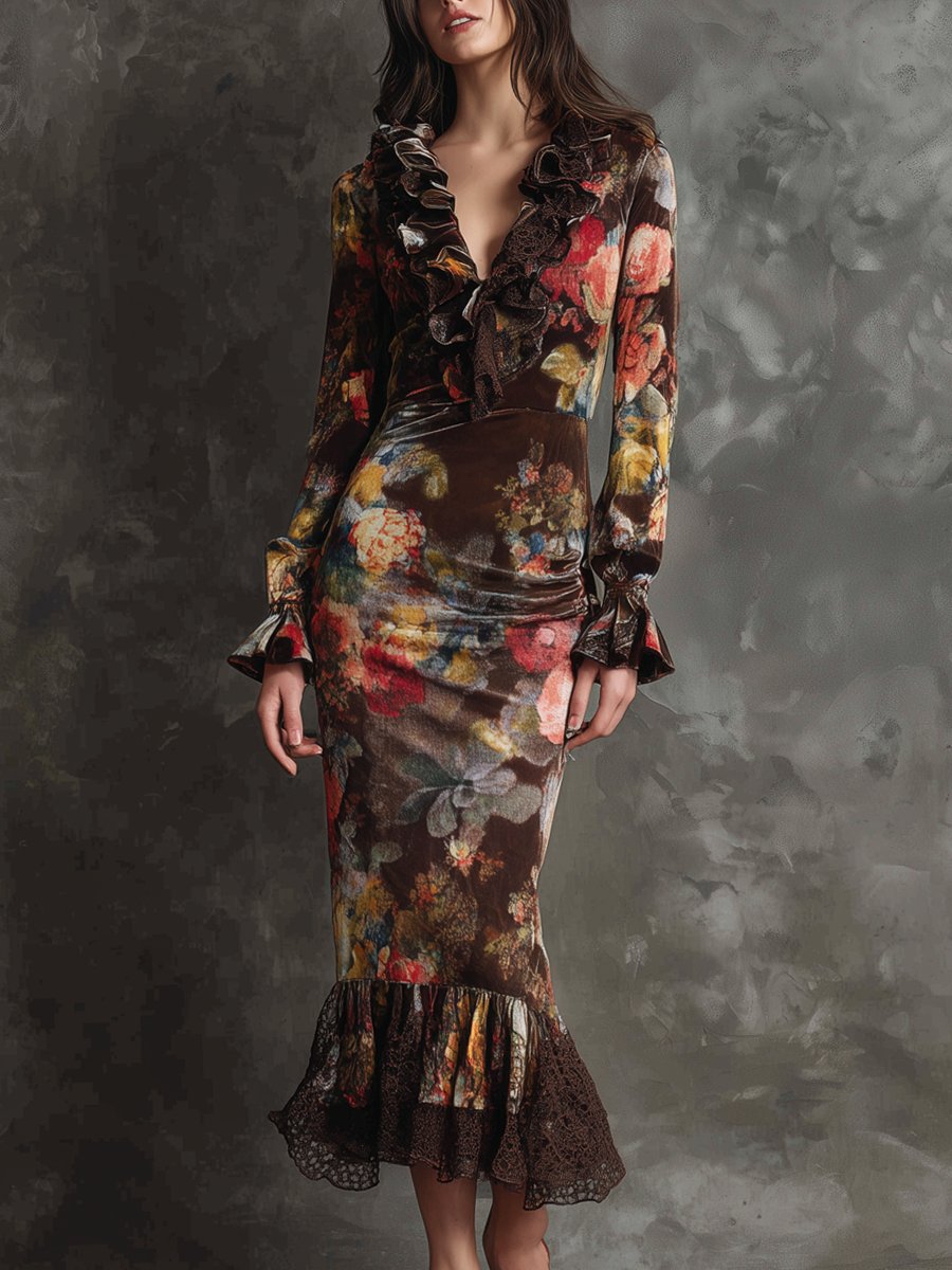 Retro Oil Painting Style Lace-trimmed Polyester Velvet Midi Dress