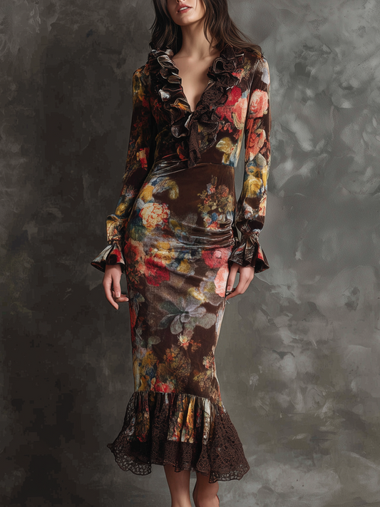 Retro Oil Painting Style Lace-trimmed Polyester Velvet Midi Dress