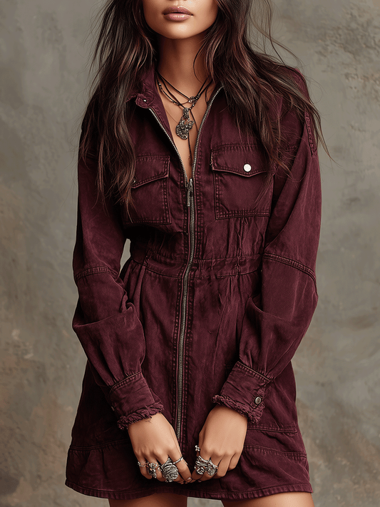 Vintage Burgundy Utility Zip-Front Shirt Mini Dress