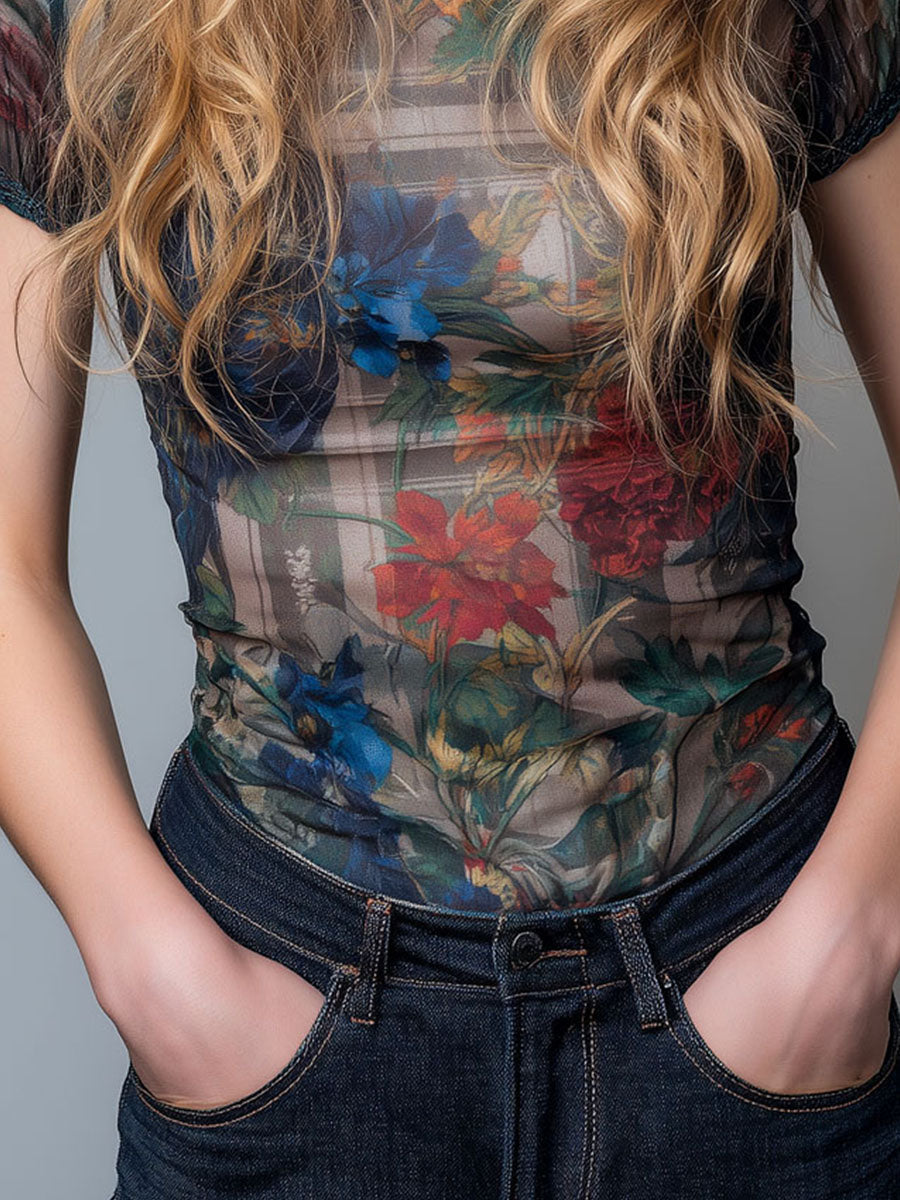 Boho High Neck Short Sleeve Floral Printed Blouse