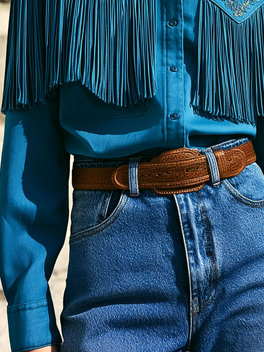 Turquoise Western Fringe Shirt Jacket With Embroidered Yoke