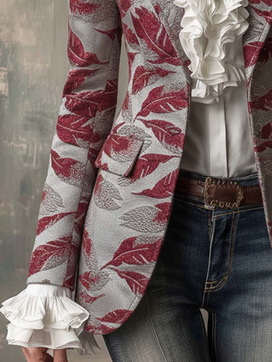 Vintage Jacquard Leaf Pattern Blazer In Red And Gray