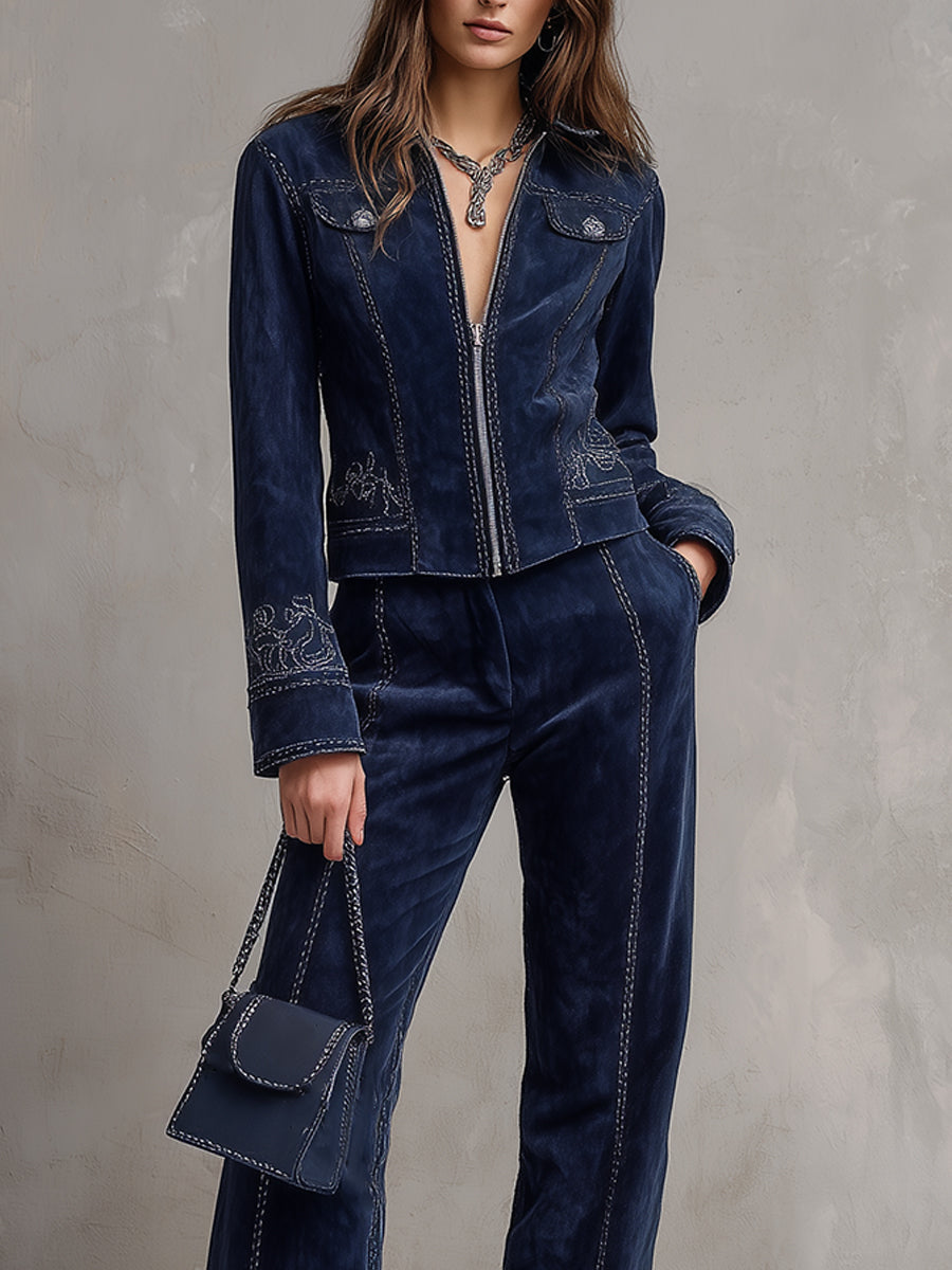 Vintage Suede Embroidered Front Zip Straight Jacket