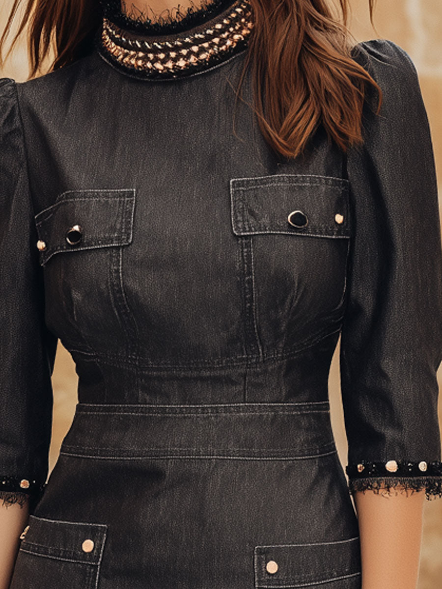 Vintage Beaded Denim Washed Pencil Mini Dress