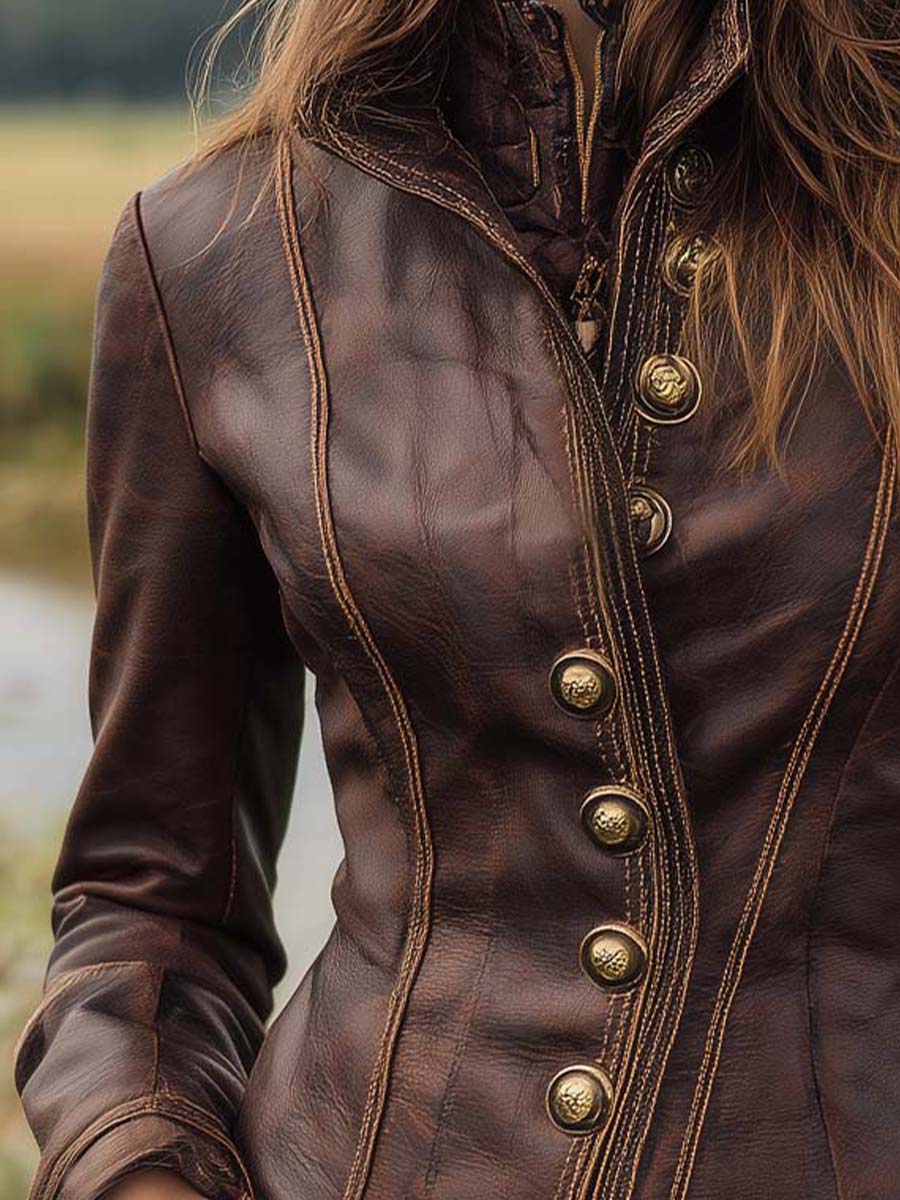 Vintage Fitted Brown Leather Blazer With Contrast Stitching