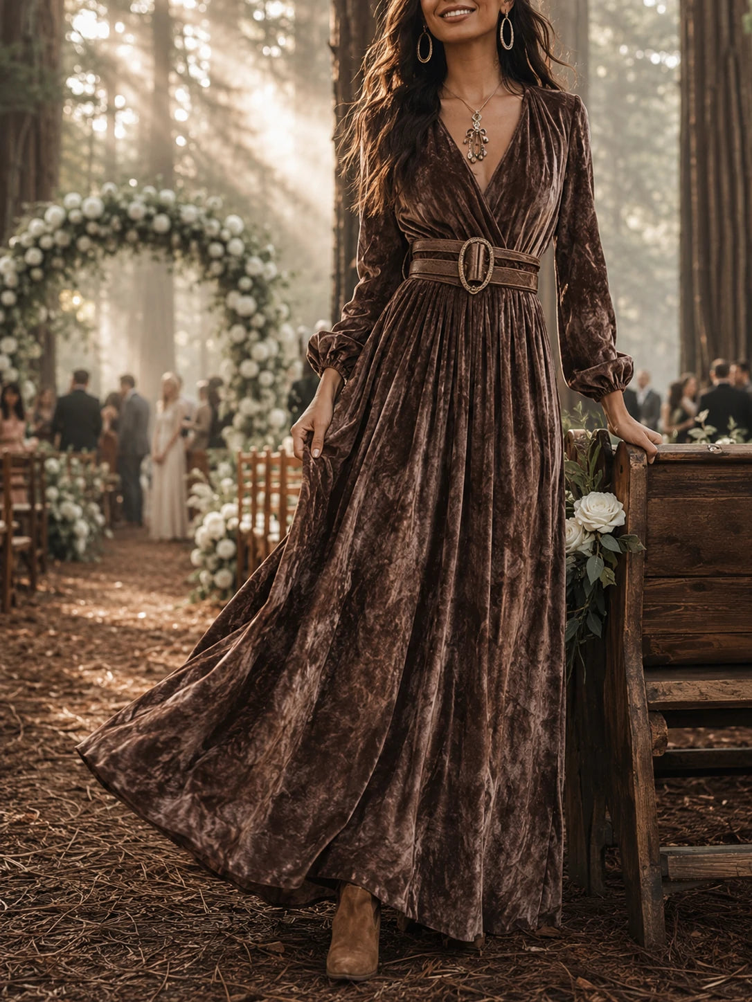 Bohe V-Neck Chocolate Color Belted Print Maxi Dress