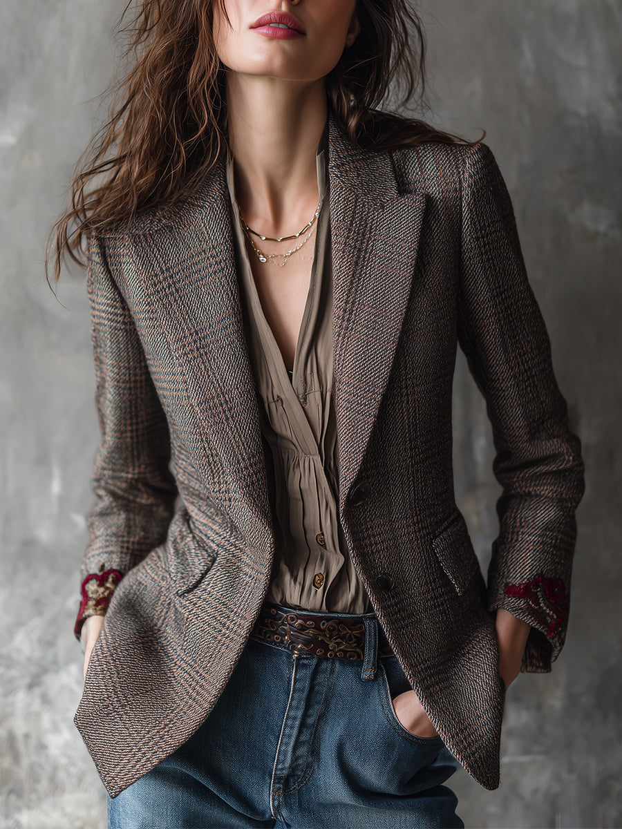 Retro Plaid Woolen Rose Embroidered Lapel Blazer