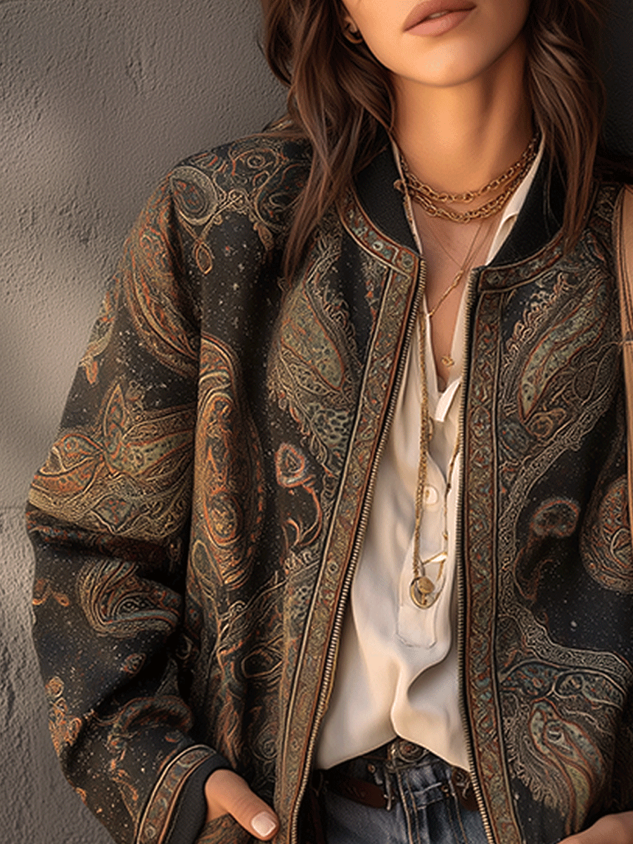 Bronze Paisley Jacquard Zip-Up Bomber Jacket