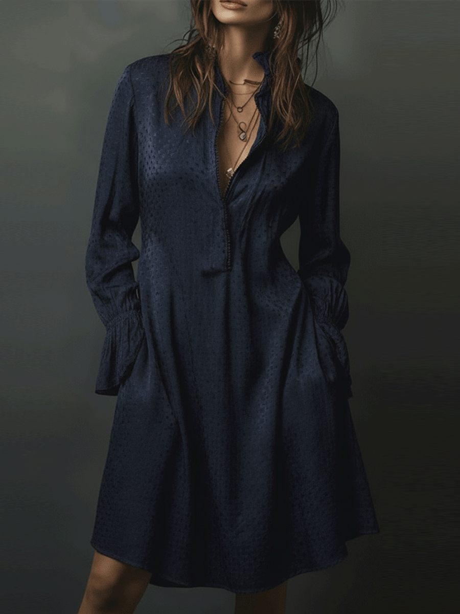 Elegant Navy Jacquard Long Sleeve A-Line Midi Dress