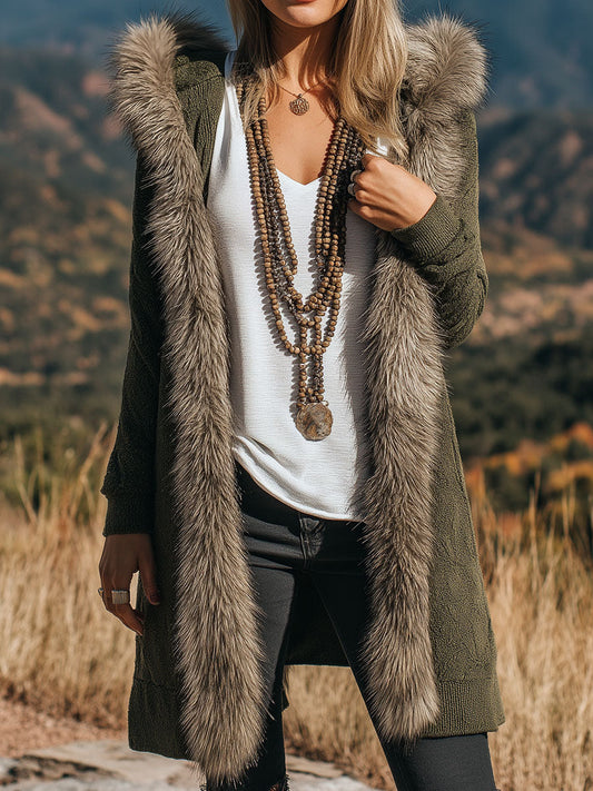 Chic Boho Hooded Eco Fur Trim Long Knit Sweater Coat