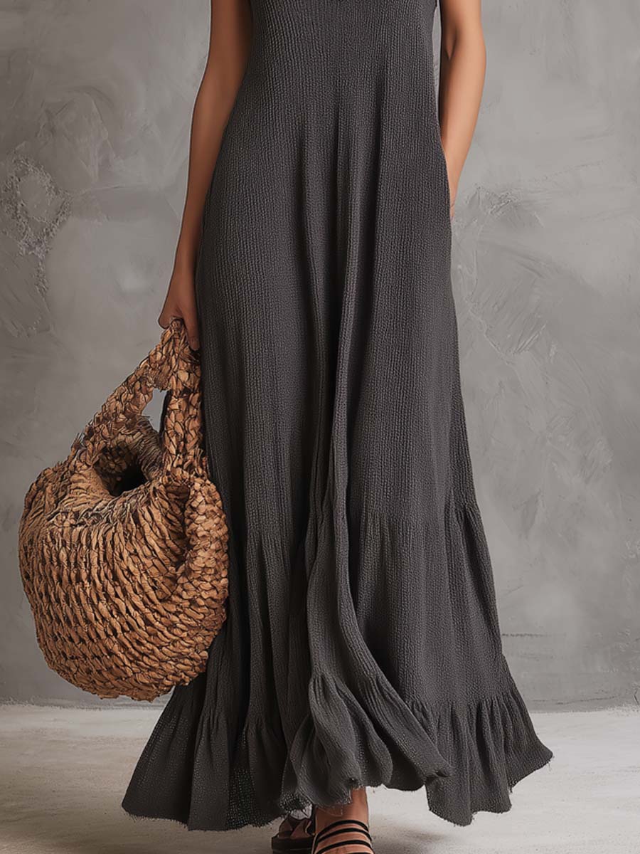 Vintage Ruffled Collar Flare Hem Knitted Maxi Dress