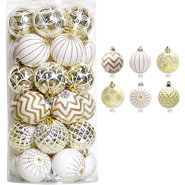 30PCS Christmas Balls Ornaments,60MM Gold&White Painted Shatterproof Festive Wedding Hanging Ornaments Christmas Tree Decoration