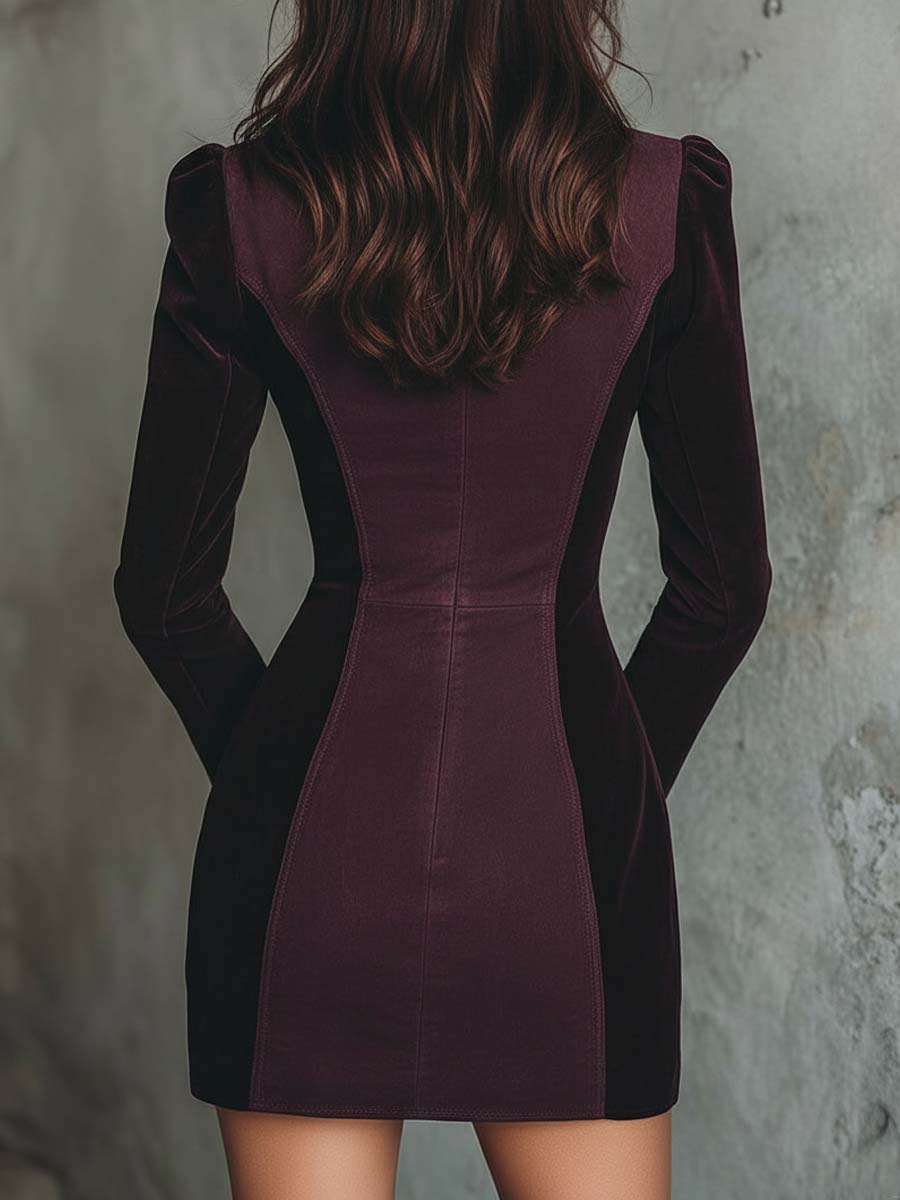 Suede & Velvet Panel Bodycon Dress – Wine Plum