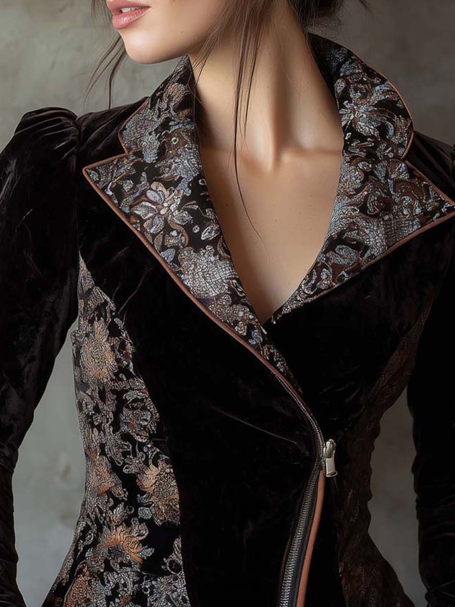 Vintage Floral Printed Velvet Jacket – Midnight Baroque Elegance