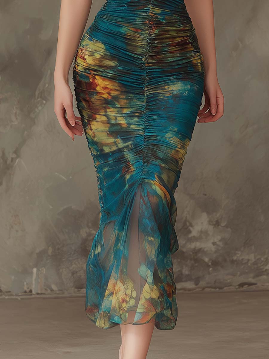 Retro Heart-shaped Neckline Oil Painting Style Print Midi Dress