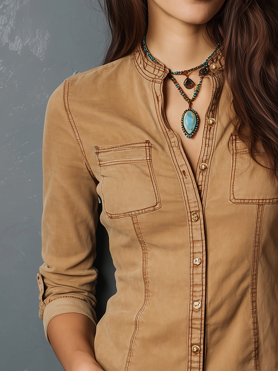 Retro Henley Collar Contrast Stitching Adjustable Cuffs Blouse