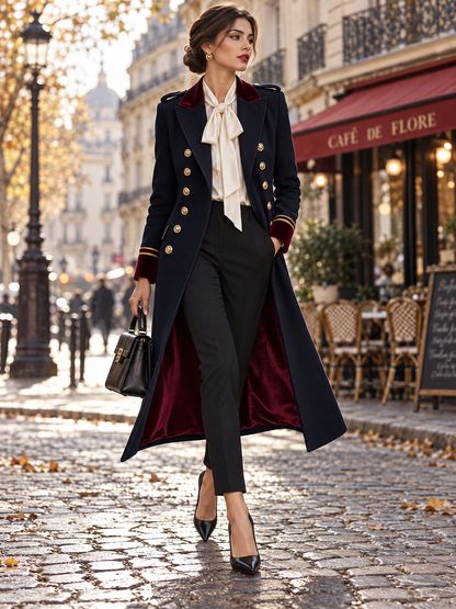 Women's Navy Military Double-Breasted Coat with Burgundy Velvet Collar