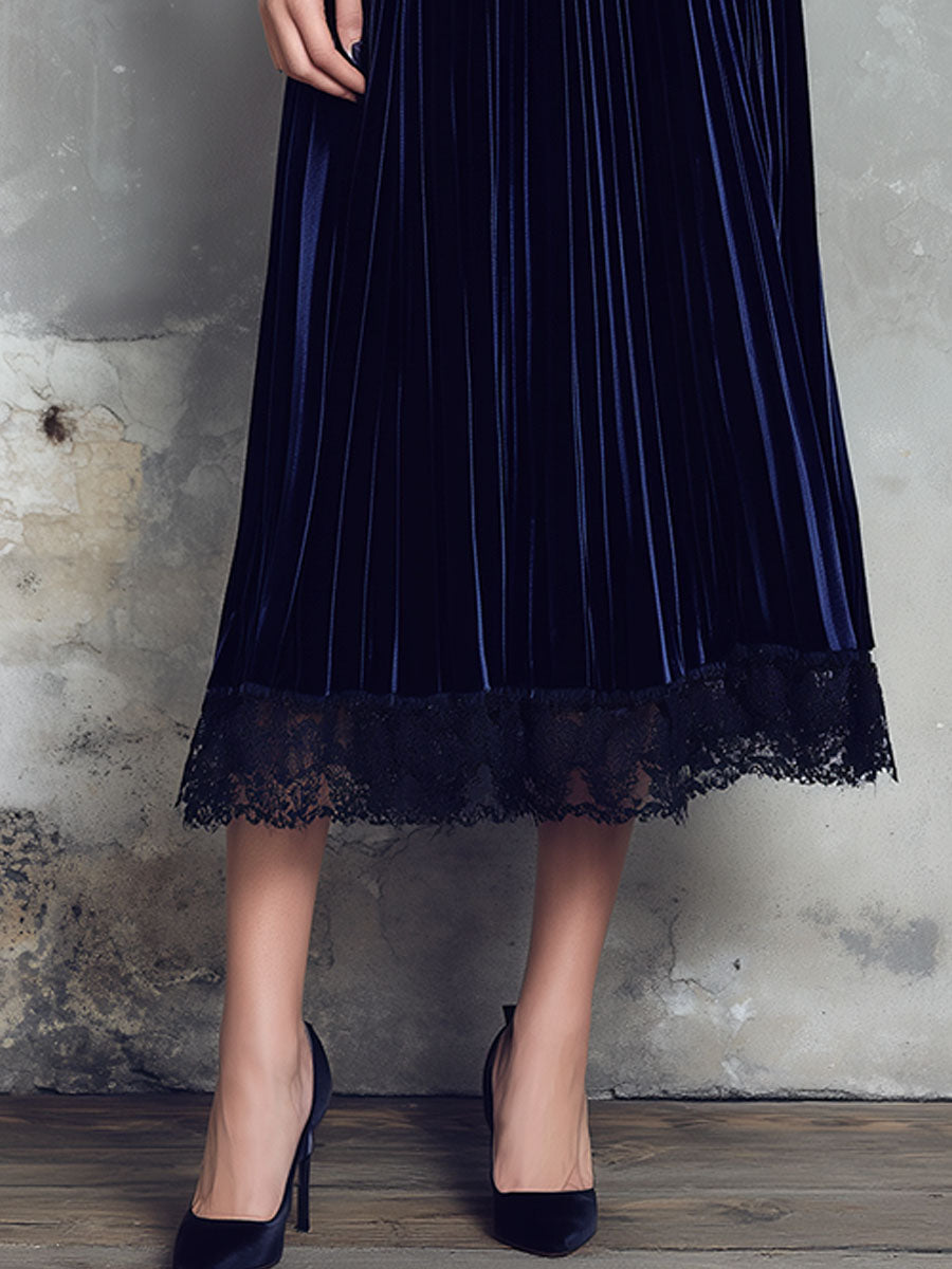 Retro Puff Sleeve Navy Velvet Lace Trim Midi Dress