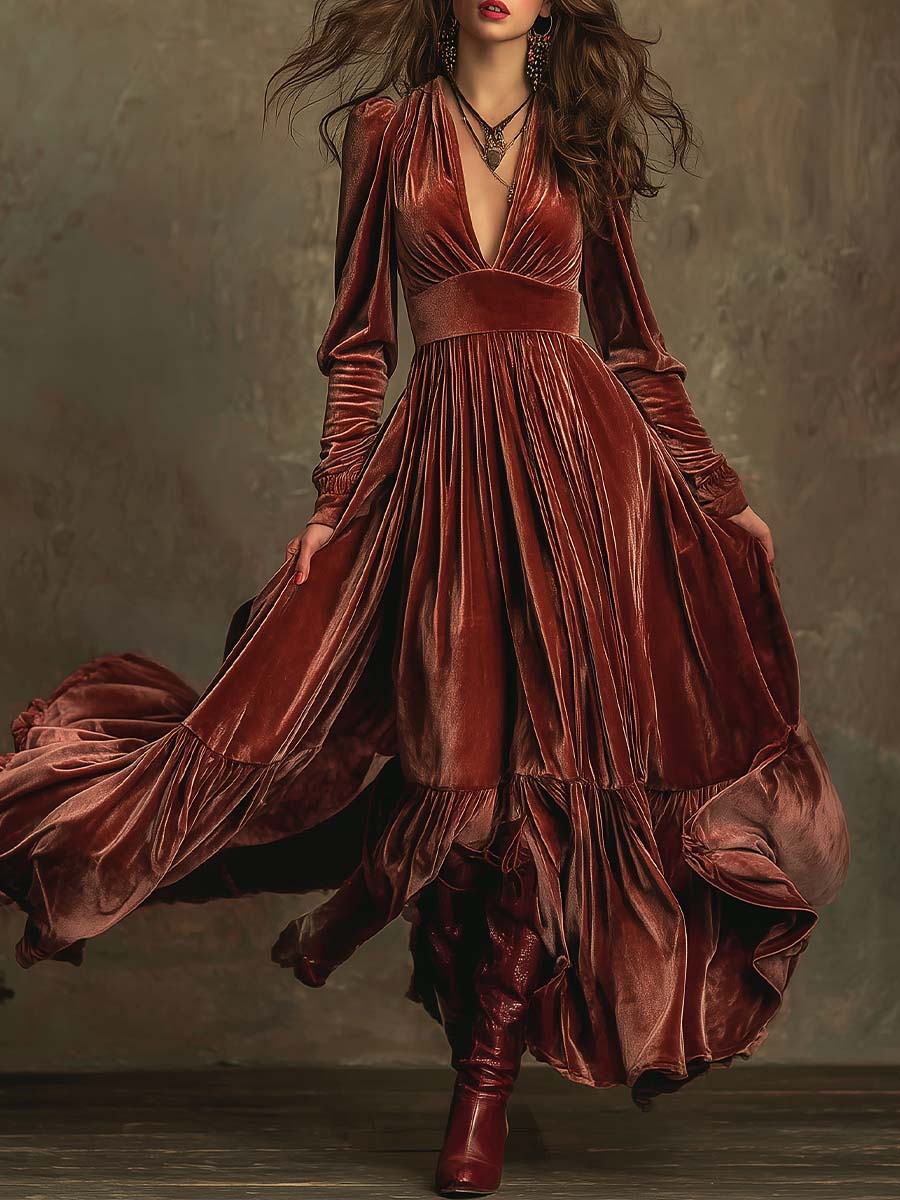 Elegant Bohemian Velvet Maxi With Draped Silhouette
