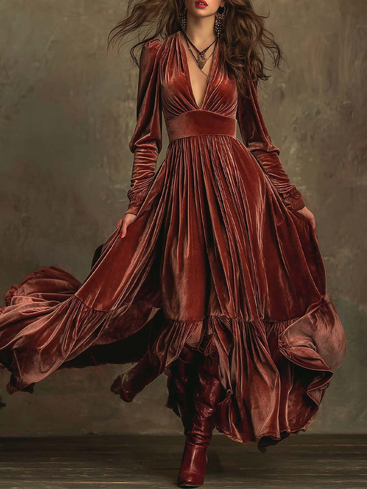 Elegant Bohemian Velvet Maxi With Draped Silhouette