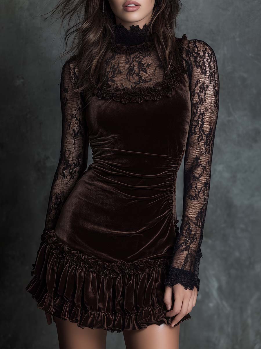 Velvet Lace Gothic Pleated Mini Dress