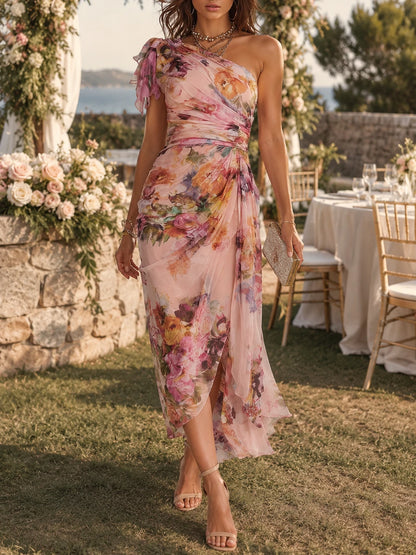 Vintage-Elegant One-Shoulder Floral Chiffon Midi Dress