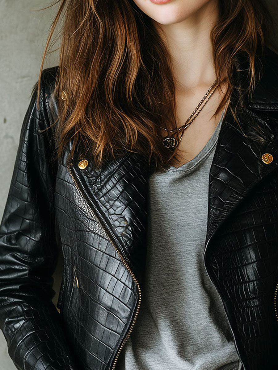Black Croc-Embossed Eco Leather Moto Jacket