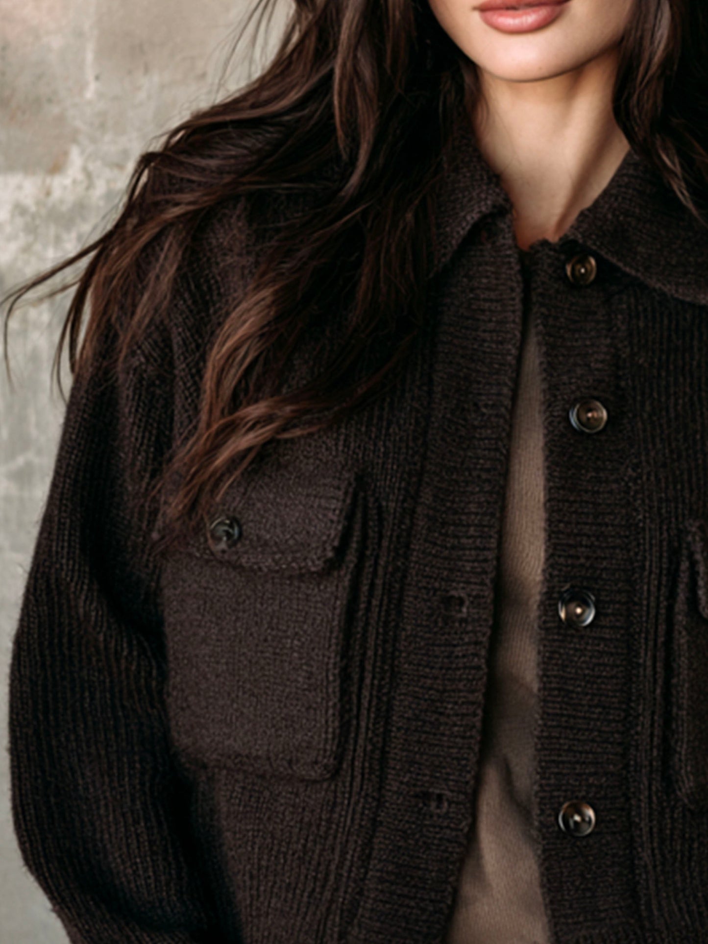 Chunky Knit Wool Button-Up Sweater Jacket With Front Pockets