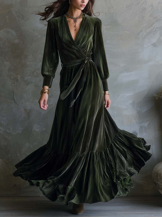 Emerald Pleated Velvet Wrap Maxi Dress