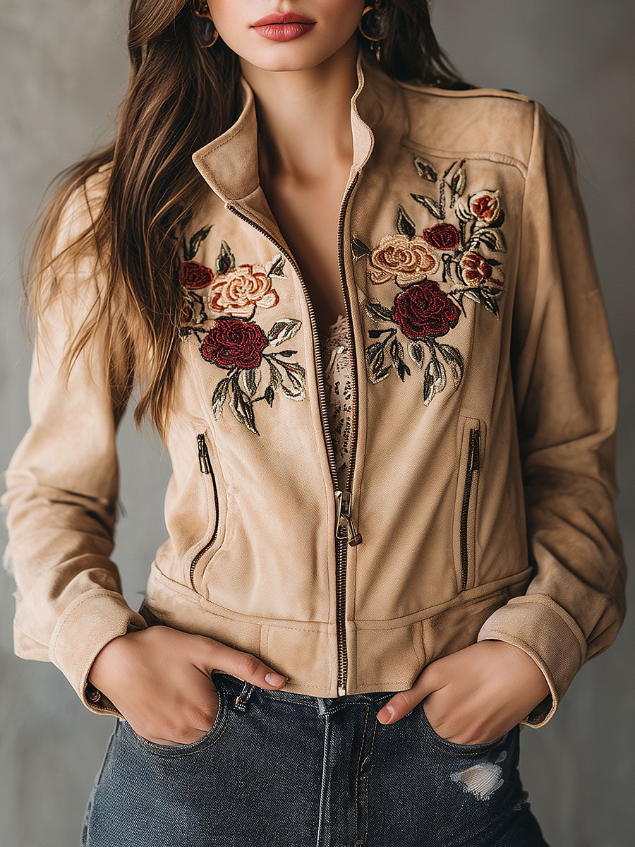 Western Vintage Suede Jacket With Embroidered Rose Motif