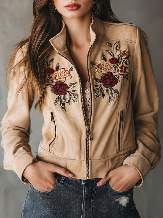 Western Vintage Suede Jacket With Embroidered Rose Motif