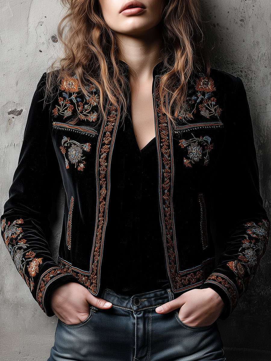 Boho Luxe Baroque Floral Embroidered Velvet Jacket