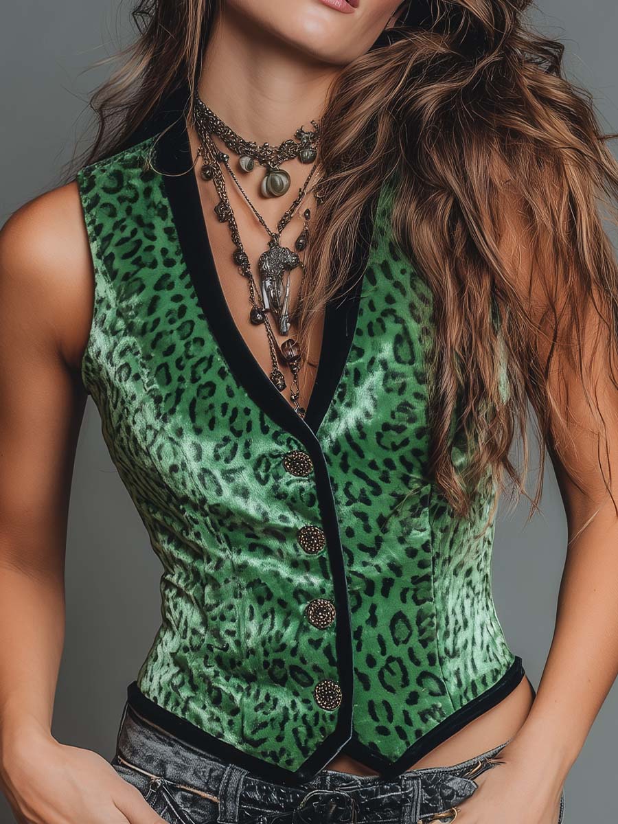 Leopard Print Velvet Contrast Trim Slim Fit Vest