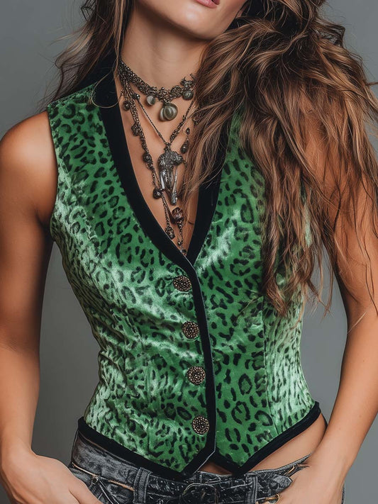 Leopard Print Velvet Contrast Trim Slim Fit Vest