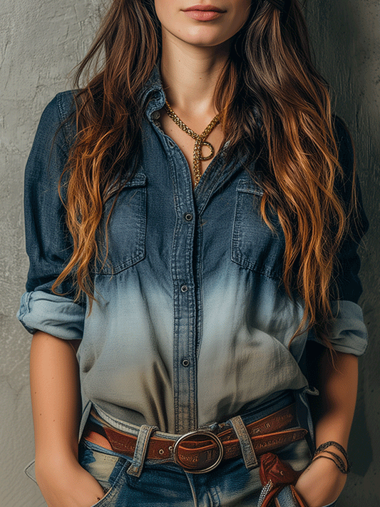 Vintage Western Style Gradient Washed Denim Shirt