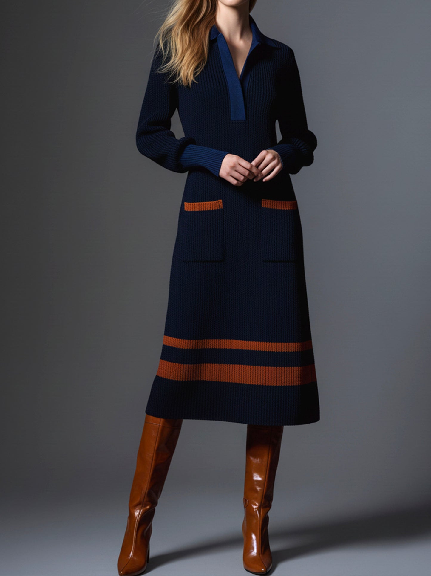 Navy Knit Contrast Orange Stripes Polo Midi Dress With Pockets
