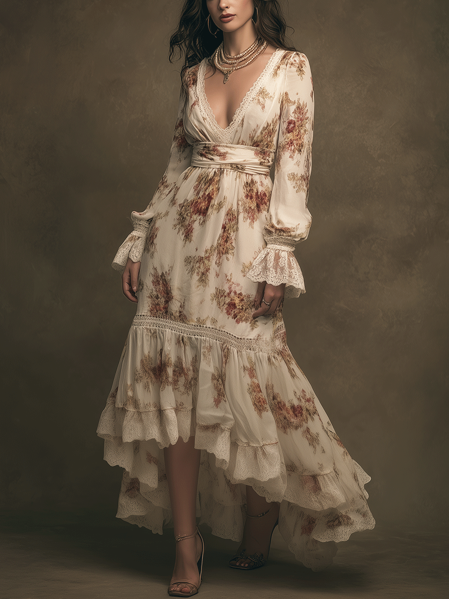 Elegant Retro Floral Tiered Ruffle V-Neck Long Sleeve Maxi Dress