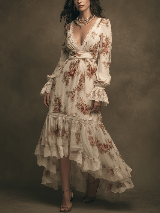 Elegant Retro Floral Tiered Ruffle V-Neck Long Sleeve Maxi Dress