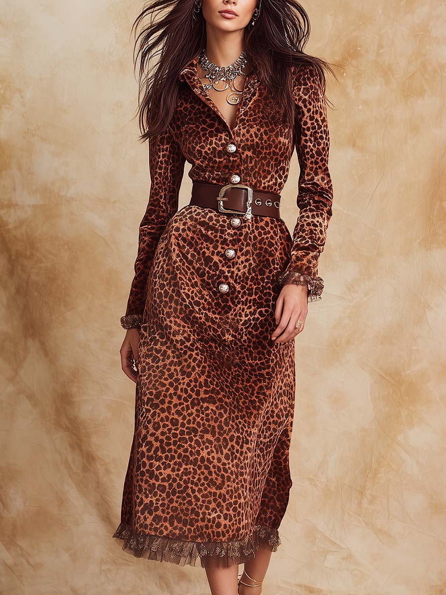 Retro Velvet Leopard Shirt Dress With Belt And Lace Hem