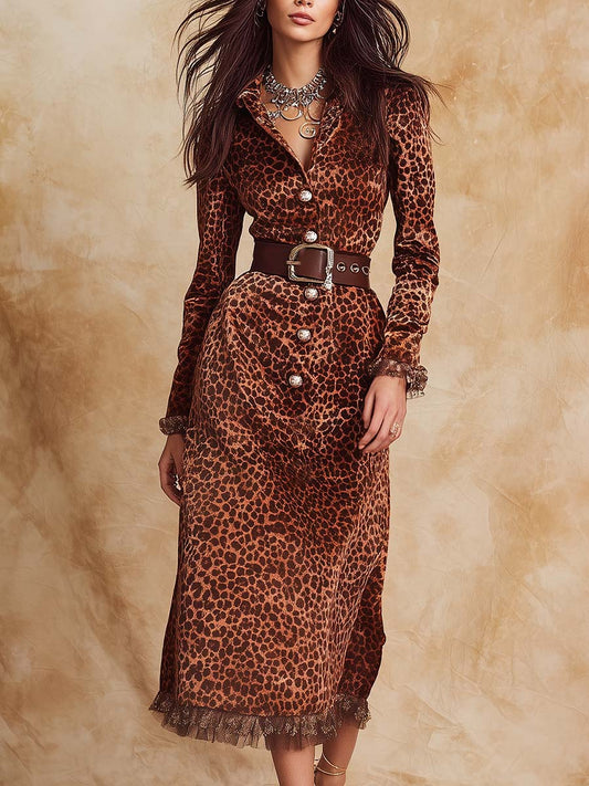 Retro Velvet Leopard Shirt Dress With Belt And Lace Hem