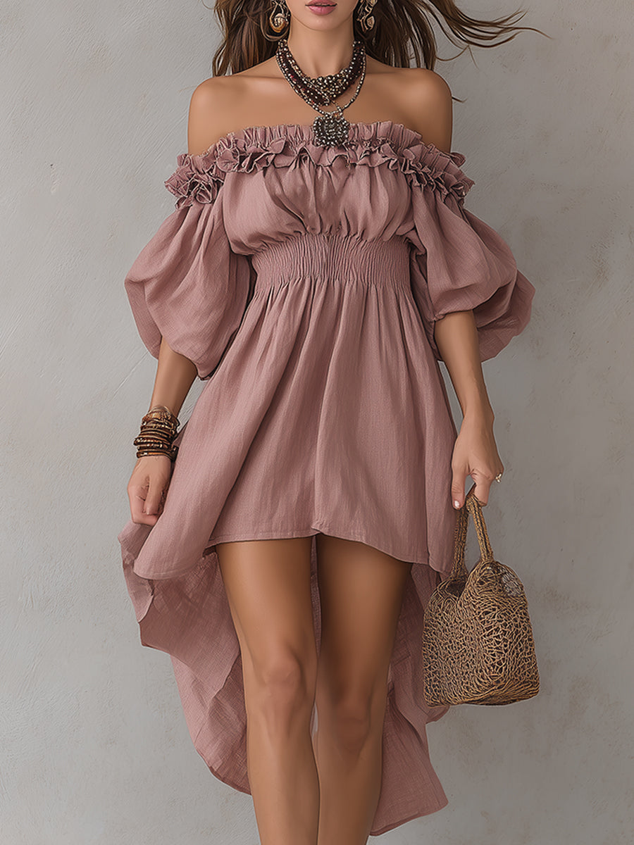 Off-the-shoulder Linen High-low Hem Midi Dress With Ruffles