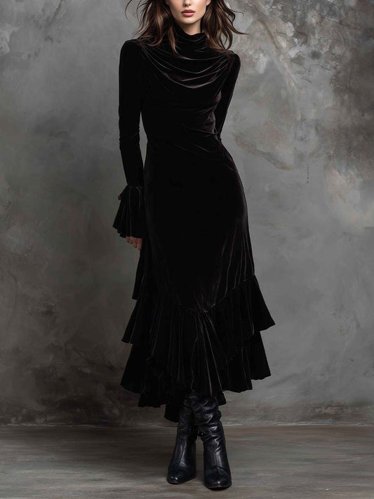 Black Velvet High-Neck Asymmetric Maxi Dress