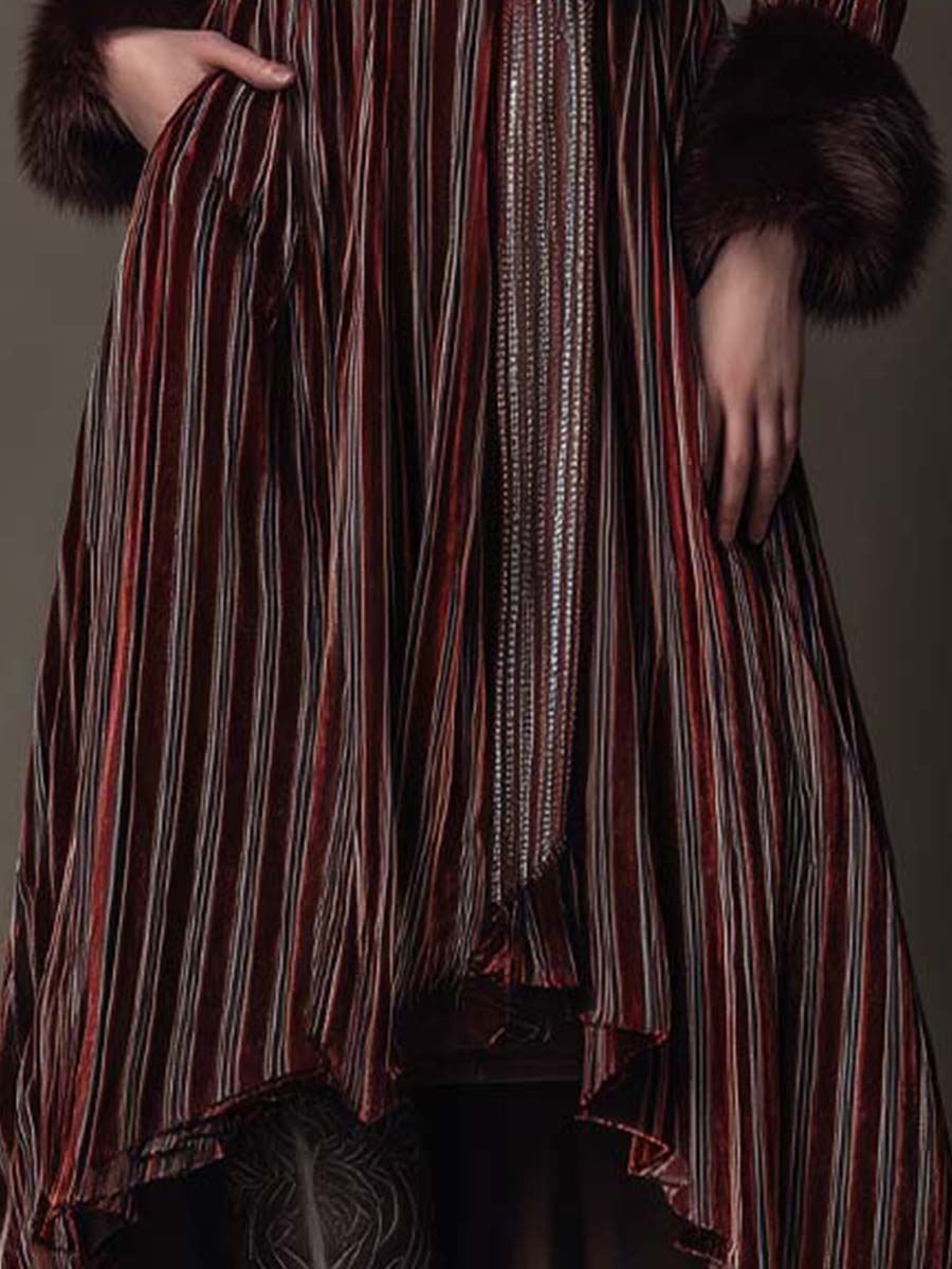 Vintage Striped Velvet Coat With Faux Fur Trim