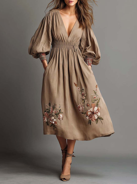 Bohemian Embroidered Linen Midi Dress With Puff Sleeves
