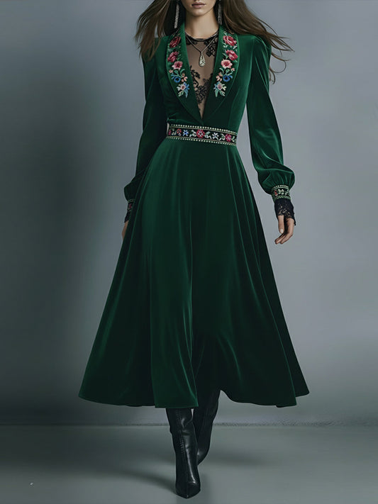 Bohemian Artistry Emerald Velvet Bloom Midi Dress