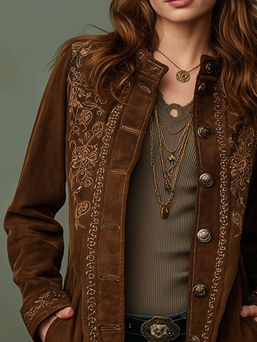 Casual Chocolate Suede Bohemian Embroidered Jacket