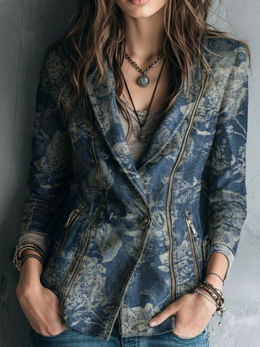 Vintage Blue Floral Double-Breasted Denim Blazer
