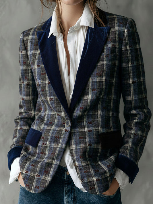 Vintage Check Pattern Wool Blazer With Flocked Bow And Velvet Trim