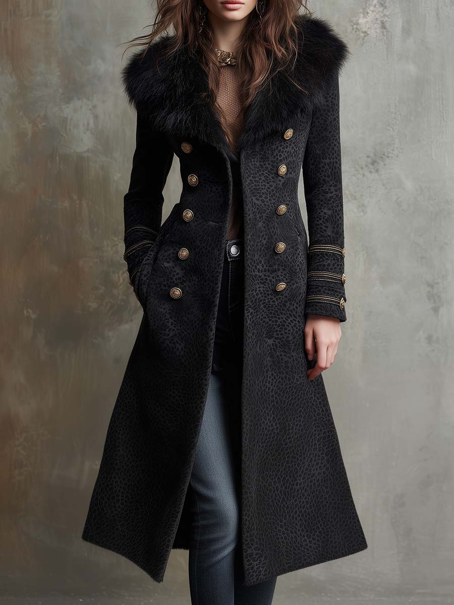 Black Printed Suede Long Coat With Faux Fur Collar & Gold Buttons